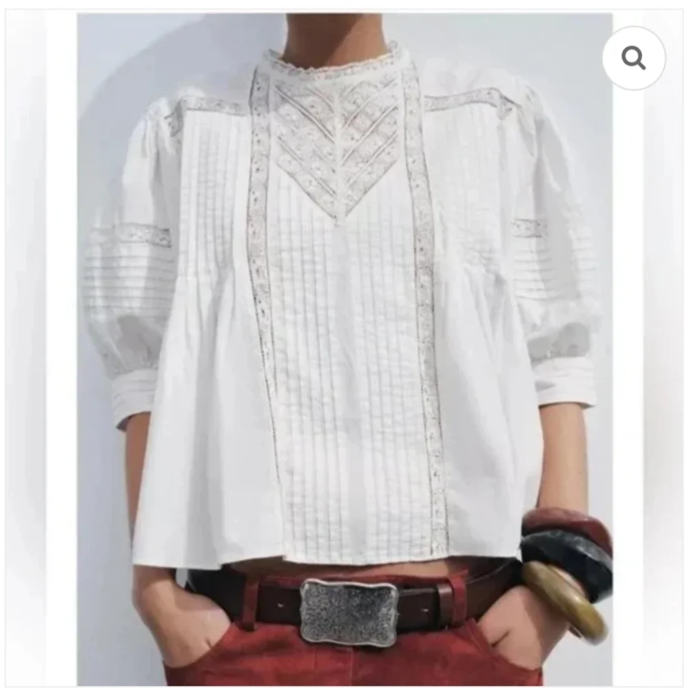 Zara Women White Romantic Embroidered Blouse Puffed Sleeves L NWT 7521/042